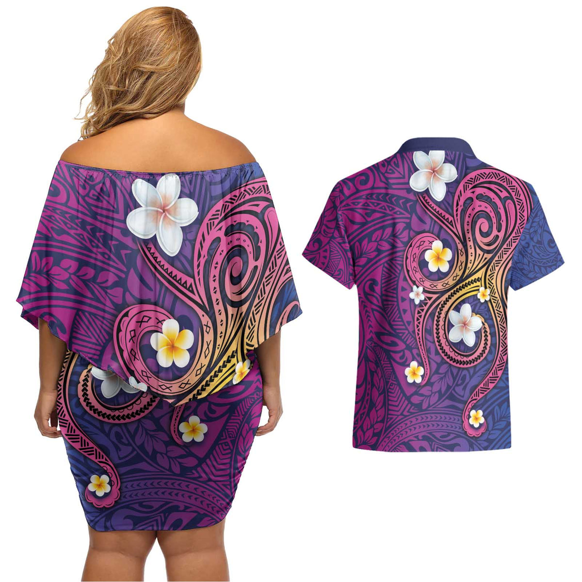 Hawaiian Octopus Tattoo and Frangipani Couples Matching Off Shoulder Short Dress and Hawaiian Shirt