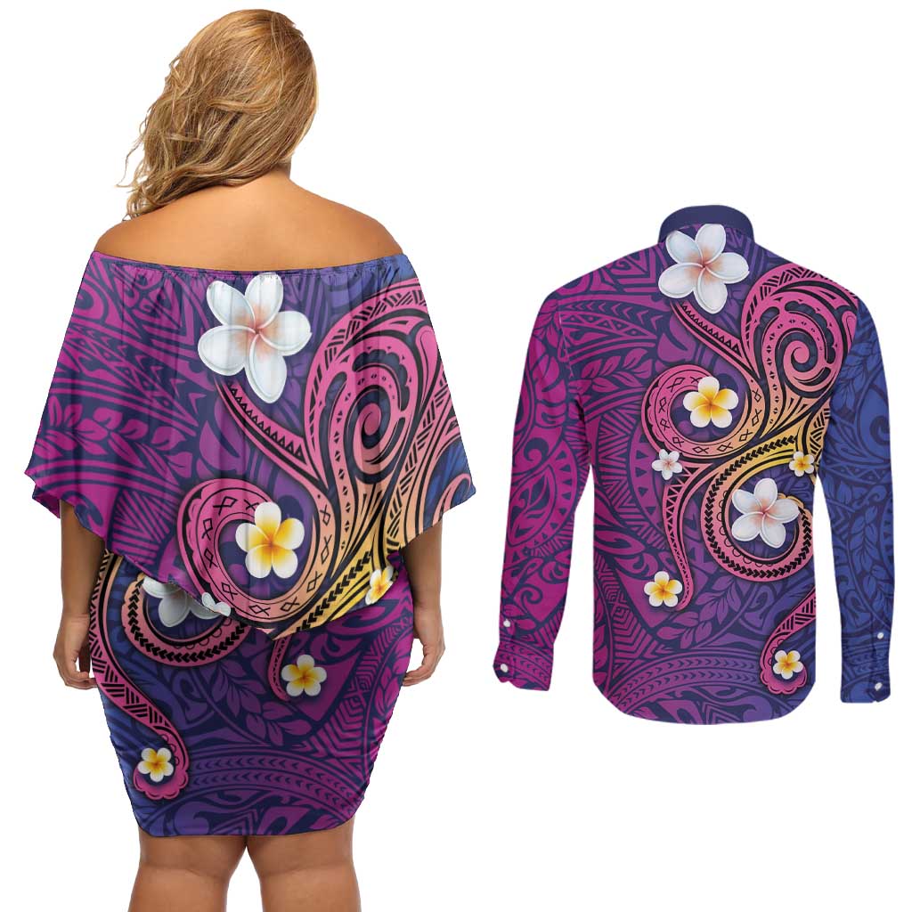 Hawaiian Octopus Tattoo and Frangipani Couples Matching Off Shoulder Short Dress and Long Sleeve Button Shirt