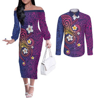 Hawaiian Octopus Tattoo and Frangipani Couples Matching Off The Shoulder Long Sleeve Dress and Long Sleeve Button Shirt