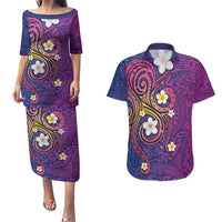 Hawaiian Octopus Tattoo and Frangipani Couples Matching Puletasi and Hawaiian Shirt LT03 Purple - Polynesian Pride