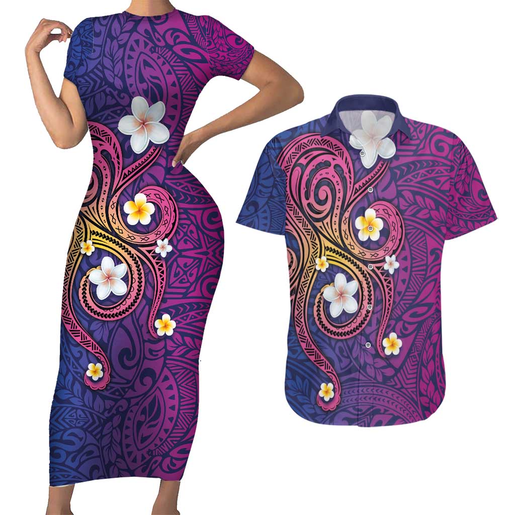 Hawaiian Octopus Tattoo and Frangipani Couples Matching Short Sleeve Bodycon Dress and Hawaiian Shirt LT03 Purple - Polynesian Pride