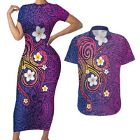 Hawaiian Octopus Tattoo and Frangipani Couples Matching Short Sleeve Bodycon Dress and Hawaiian Shirt LT03 Purple - Polynesian Pride