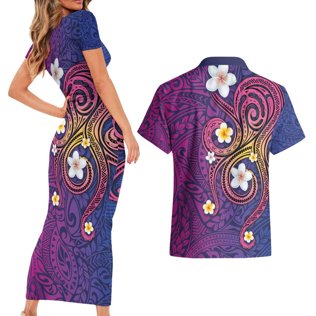 Hawaiian Octopus Tattoo and Frangipani Couples Matching Short Sleeve Bodycon Dress and Hawaiian Shirt LT03 - Polynesian Pride