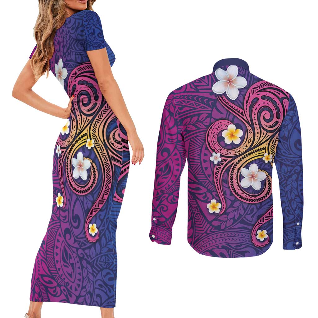 Hawaiian Octopus Tattoo and Frangipani Couples Matching Short Sleeve Bodycon Dress and Long Sleeve Button Shirt