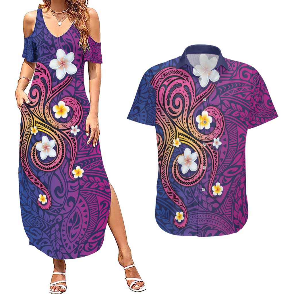 Hawaiian Octopus Tattoo and Frangipani Couples Matching Summer Maxi Dress and Hawaiian Shirt