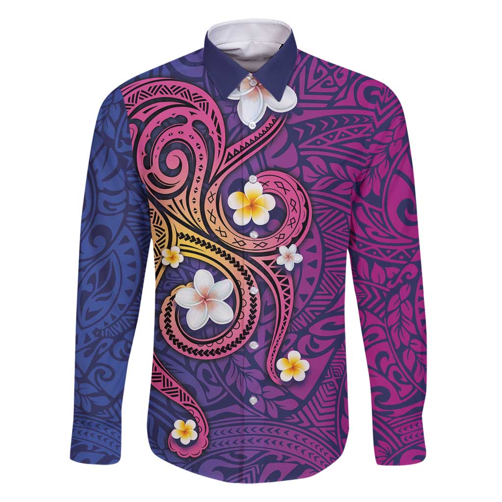 Hawaiian Octopus Tattoo and Frangipani Family Matching Off Shoulder Maxi Dress and Hawaiian Shirt LT03 Dad's Shirt - Long Sleeve Purple - Polynesian Pride