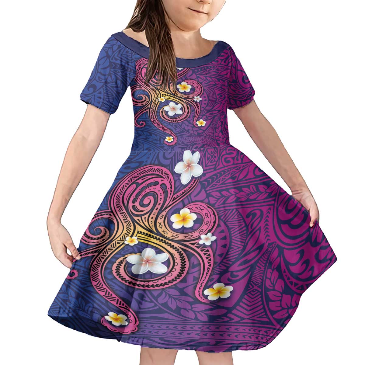 Hawaiian Octopus Tattoo and Frangipani Family Matching Puletasi and Hawaiian Shirt LT03 Daughter's Dress Purple - Polynesian Pride