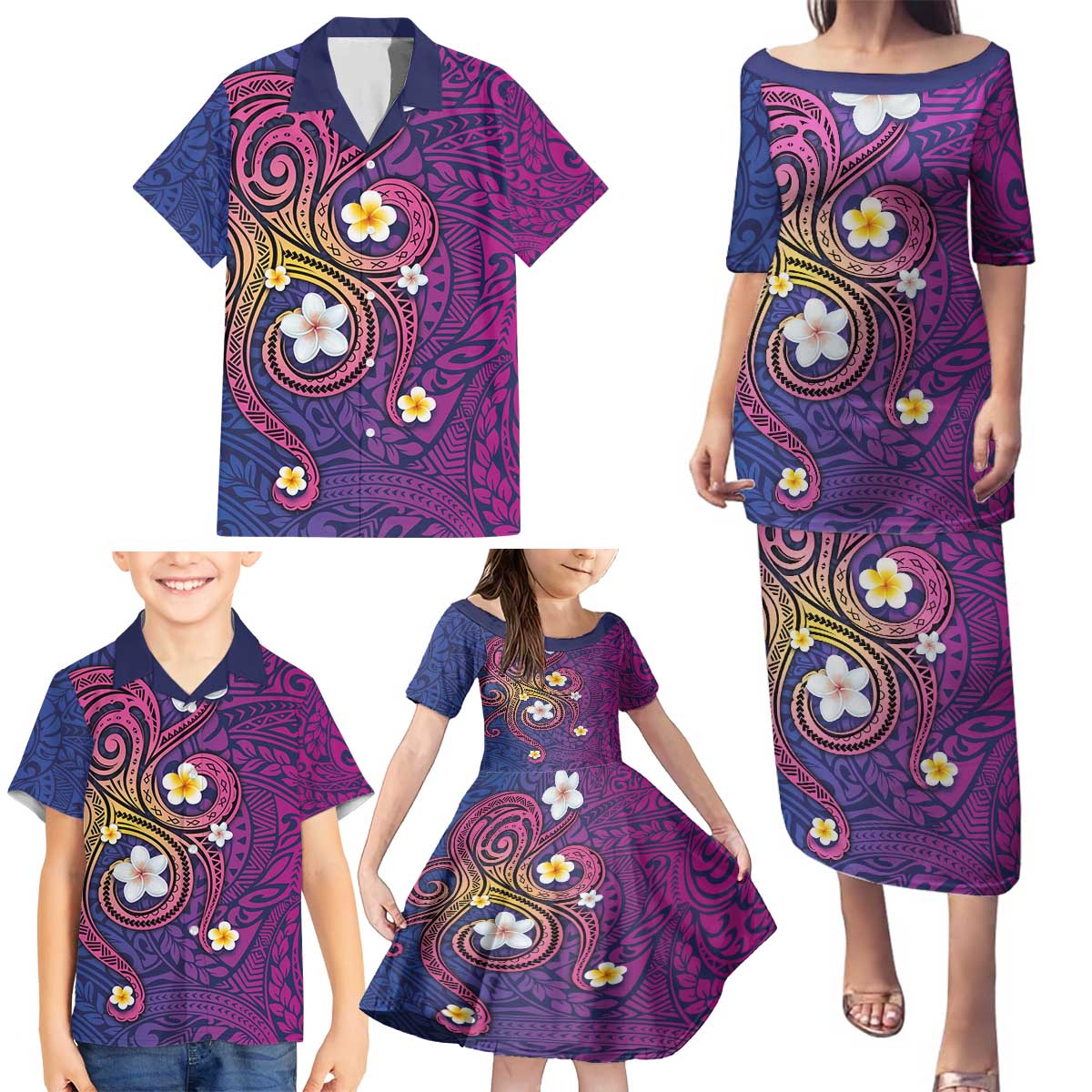 Hawaiian Octopus Tattoo and Frangipani Family Matching Puletasi and Hawaiian Shirt LT03 - Polynesian Pride