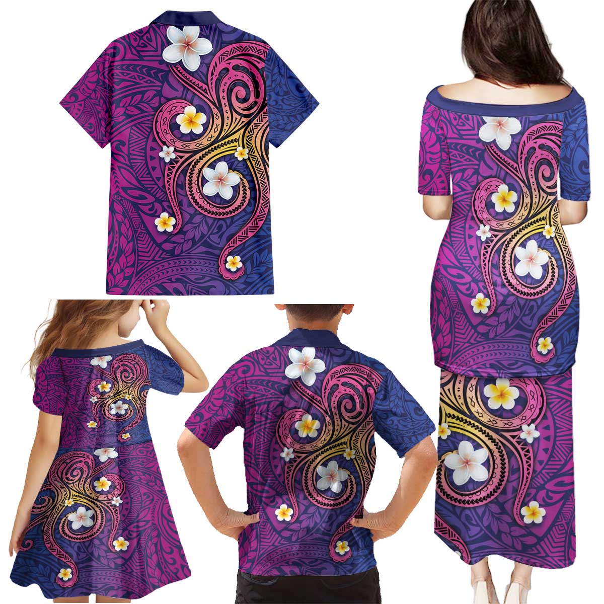 Hawaiian Octopus Tattoo and Frangipani Family Matching Puletasi and Hawaiian Shirt LT03 - Polynesian Pride