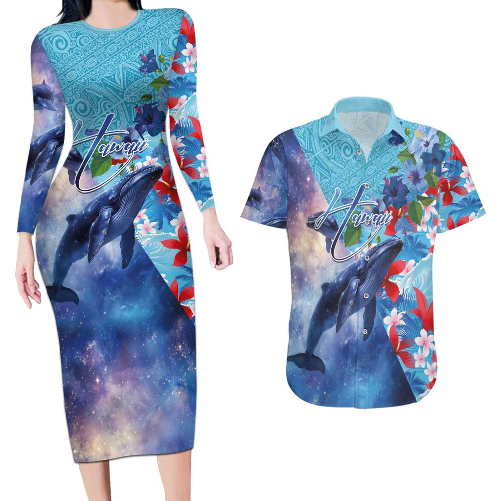 Hawaii Aloha Whales Couples Matching Long Sleeve Bodycon Dress and Hawaiian Shirt Hibiscus and Whales with Polynesian Pattern LT03 Blue - Polynesian Pride