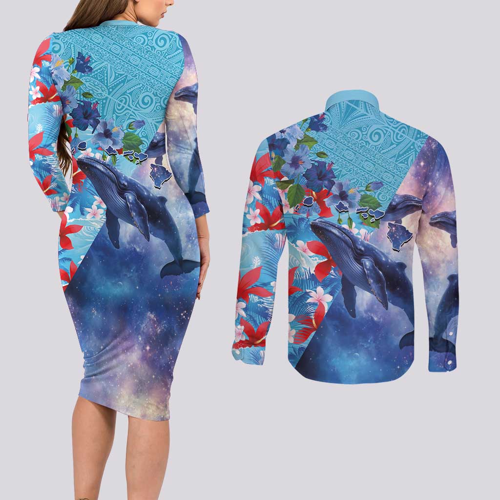 Hawaii Aloha Whales Couples Matching Long Sleeve Bodycon Dress and Long Sleeve Button Shirt Hibiscus and Whales with Polynesian Pattern LT03 - Polynesian Pride