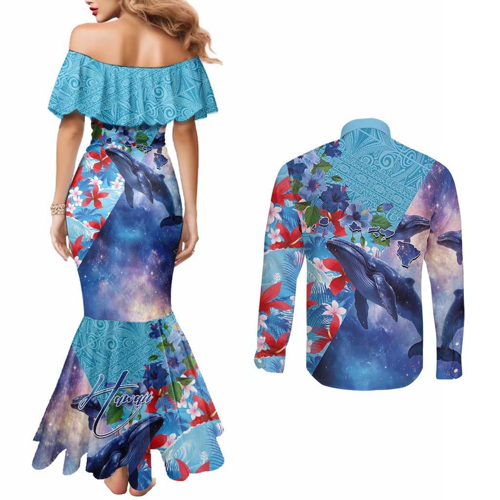 Hawaii Aloha Whales Couples Matching Mermaid Dress and Long Sleeve Button Shirt Hibiscus and Whales with Polynesian Pattern LT03 - Polynesian Pride