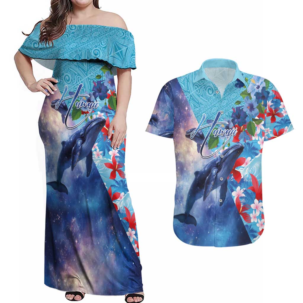 Hawaii Aloha Whales Couples Matching Off Shoulder Maxi Dress and Hawaiian Shirt Hibiscus and Whales with Polynesian Pattern LT03 Blue - Polynesian Pride