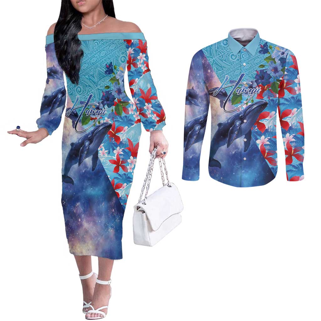 Hawaii Aloha Whales Couples Matching Off The Shoulder Long Sleeve Dress and Long Sleeve Button Shirt Hibiscus and Whales with Polynesian Pattern LT03 Blue - Polynesian Pride
