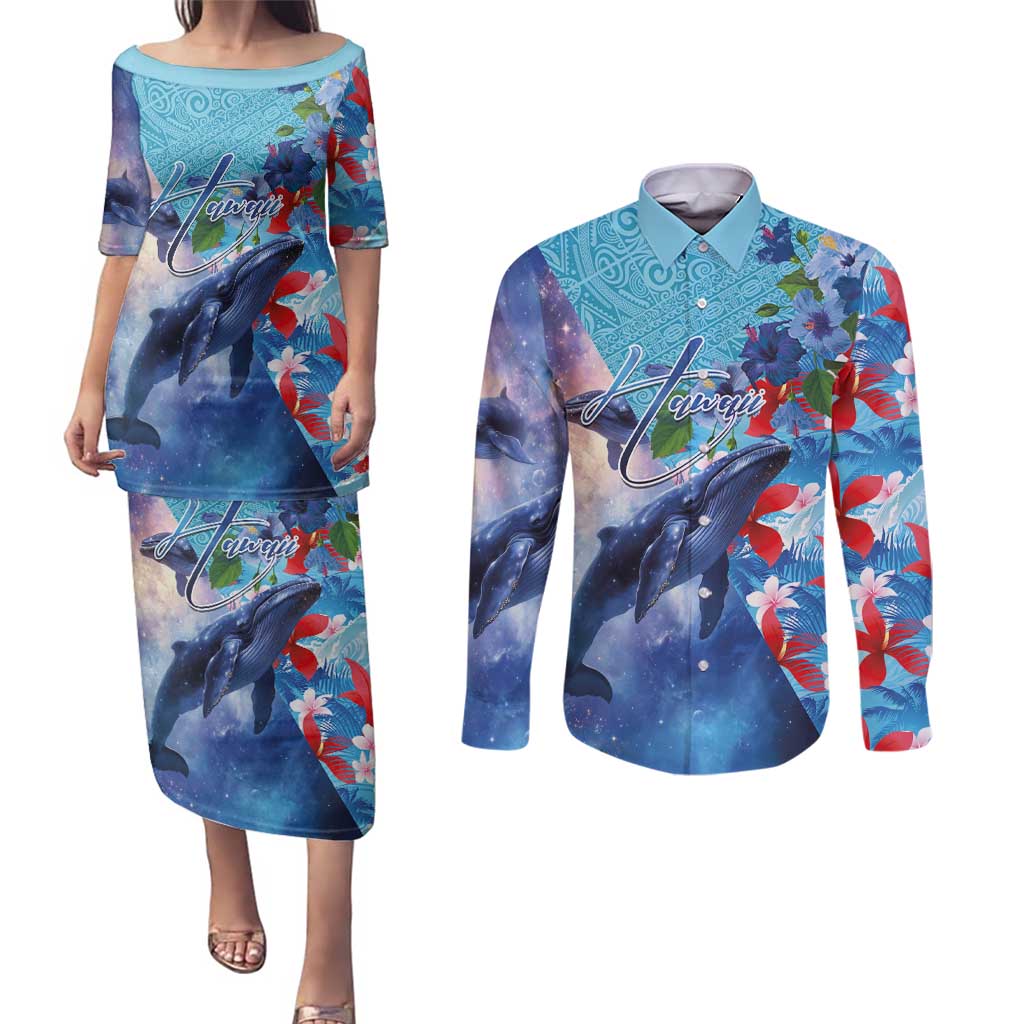 Hawaii Aloha Whales Couples Matching Puletasi and Long Sleeve Button Shirt Hibiscus and Whales with Polynesian Pattern - Polynesian Pride