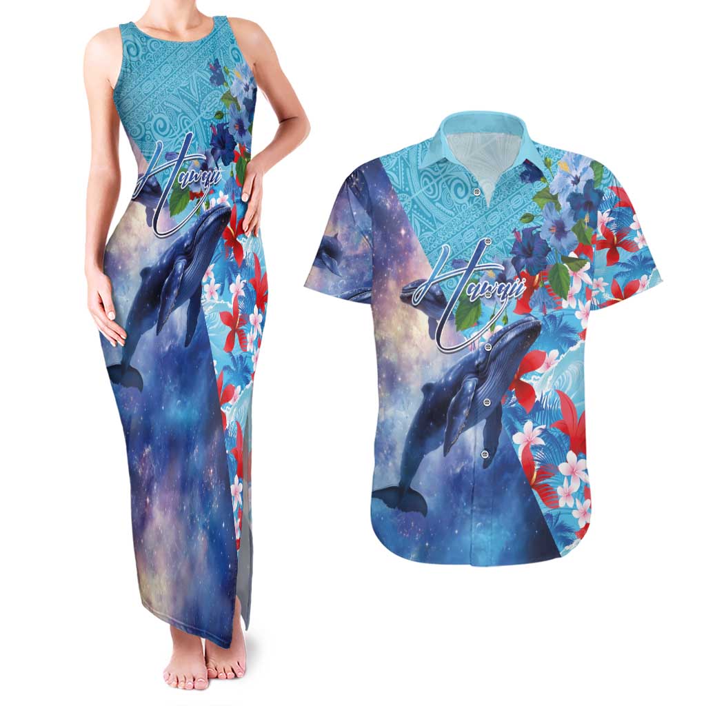 Hawaii Aloha Whales Couples Matching Tank Maxi Dress and Hawaiian Shirt Hibiscus and Whales with Polynesian Pattern LT03 Blue - Polynesian Pride