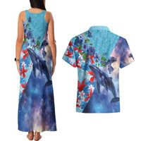Hawaii Aloha Whales Couples Matching Tank Maxi Dress and Hawaiian Shirt Hibiscus and Whales with Polynesian Pattern LT03 - Polynesian Pride