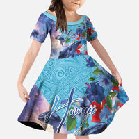 Hawaii Aloha Whales Family Matching Long Sleeve Bodycon Dress and Hawaiian Shirt Hibiscus and Whales with Polynesian Pattern LT03 Daughter's Dress Blue - Polynesian Pride