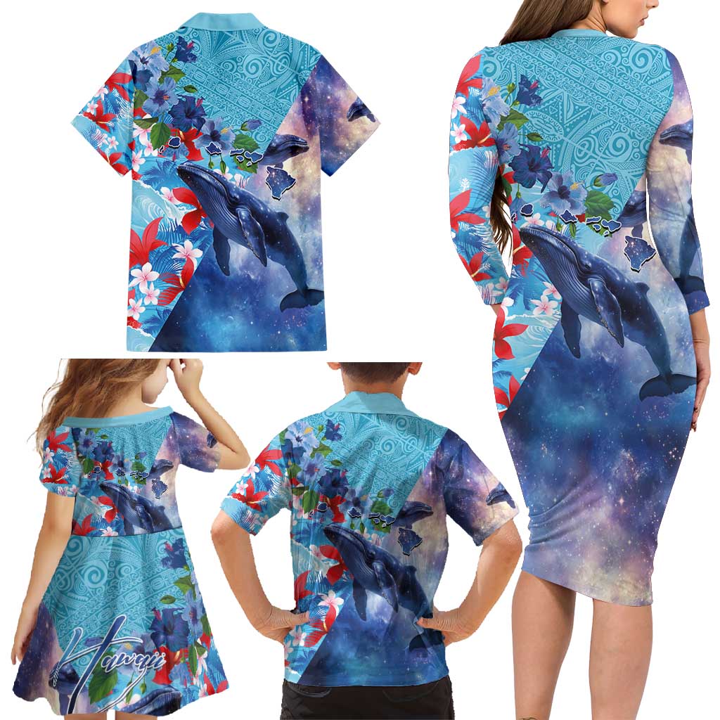 Hawaii Aloha Whales Family Matching Long Sleeve Bodycon Dress and Hawaiian Shirt Hibiscus and Whales with Polynesian Pattern LT03 - Polynesian Pride