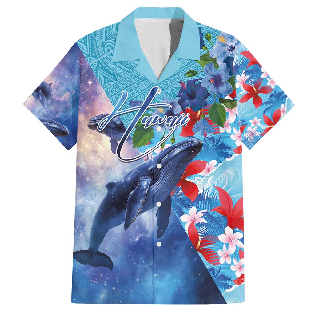Hawaii Aloha Whales Family Matching Long Sleeve Bodycon Dress and Hawaiian Shirt Hibiscus and Whales with Polynesian Pattern LT03 Dad's Shirt - Short Sleeve Blue - Polynesian Pride
