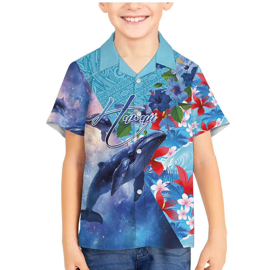 Hawaii Aloha Whales Family Matching Mermaid Dress and Hawaiian Shirt Hibiscus and Whales with Polynesian Pattern LT03 Son's Shirt Blue - Polynesian Pride