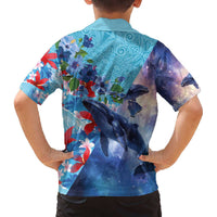 Hawaii Aloha Whales Family Matching Off The Shoulder Long Sleeve Dress and Hawaiian Shirt Hibiscus and Whales with Polynesian Pattern LT03 - Polynesian Pride