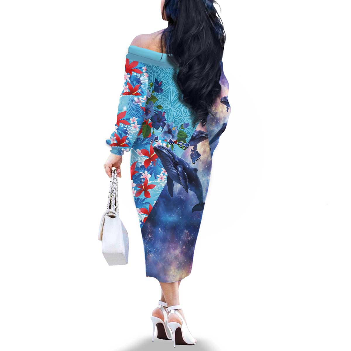 Hawaii Aloha Whales Family Matching Off The Shoulder Long Sleeve Dress and Hawaiian Shirt Hibiscus and Whales with Polynesian Pattern LT03 - Polynesian Pride