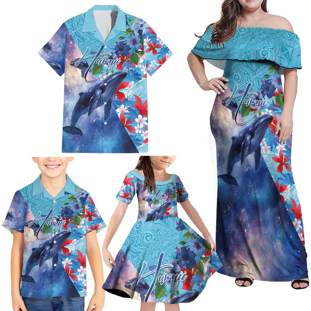 Hawaii Aloha Whales Family Matching Off Shoulder Maxi Dress and Hawaiian Shirt Hibiscus and Whales with Polynesian Pattern LT03 - Polynesian Pride