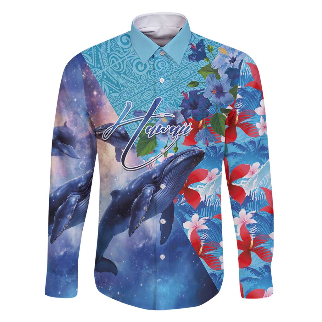 Hawaii Aloha Whales Family Matching Off Shoulder Maxi Dress and Hawaiian Shirt Hibiscus and Whales with Polynesian Pattern LT03 Dad's Shirt - Long Sleeve Blue - Polynesian Pride
