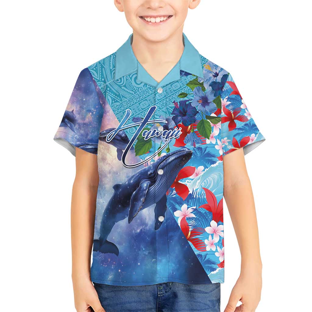 Hawaii Aloha Whales Family Matching Off Shoulder Maxi Dress and Hawaiian Shirt Hibiscus and Whales with Polynesian Pattern LT03 Son's Shirt Blue - Polynesian Pride