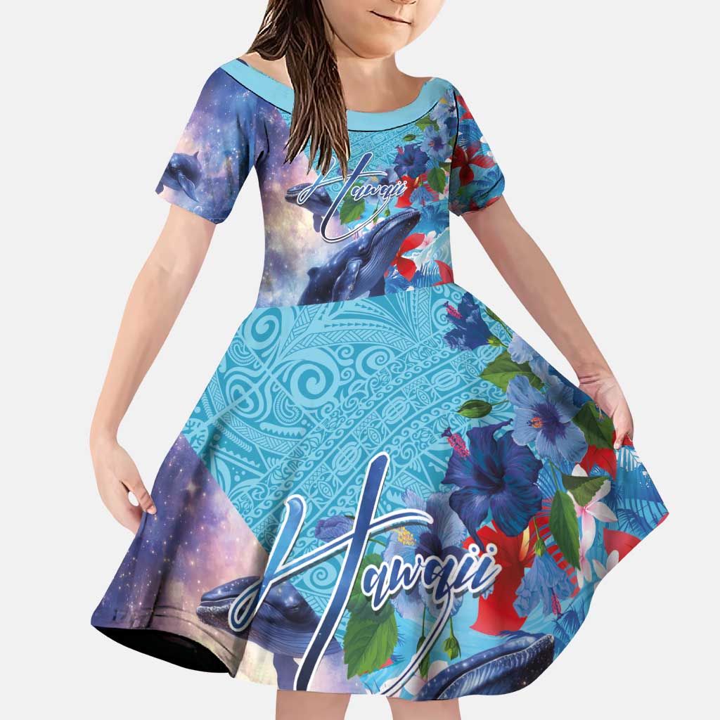 Hawaii Aloha Whales Family Matching Puletasi and Hawaiian Shirt Hibiscus and Whales with Polynesian Pattern LT03 Daughter's Dress Blue - Polynesian Pride