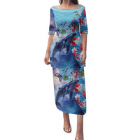 Hawaii Aloha Whales Family Matching Puletasi and Hawaiian Shirt Hibiscus and Whales with Polynesian Pattern LT03 Mom's Dress Blue - Polynesian Pride