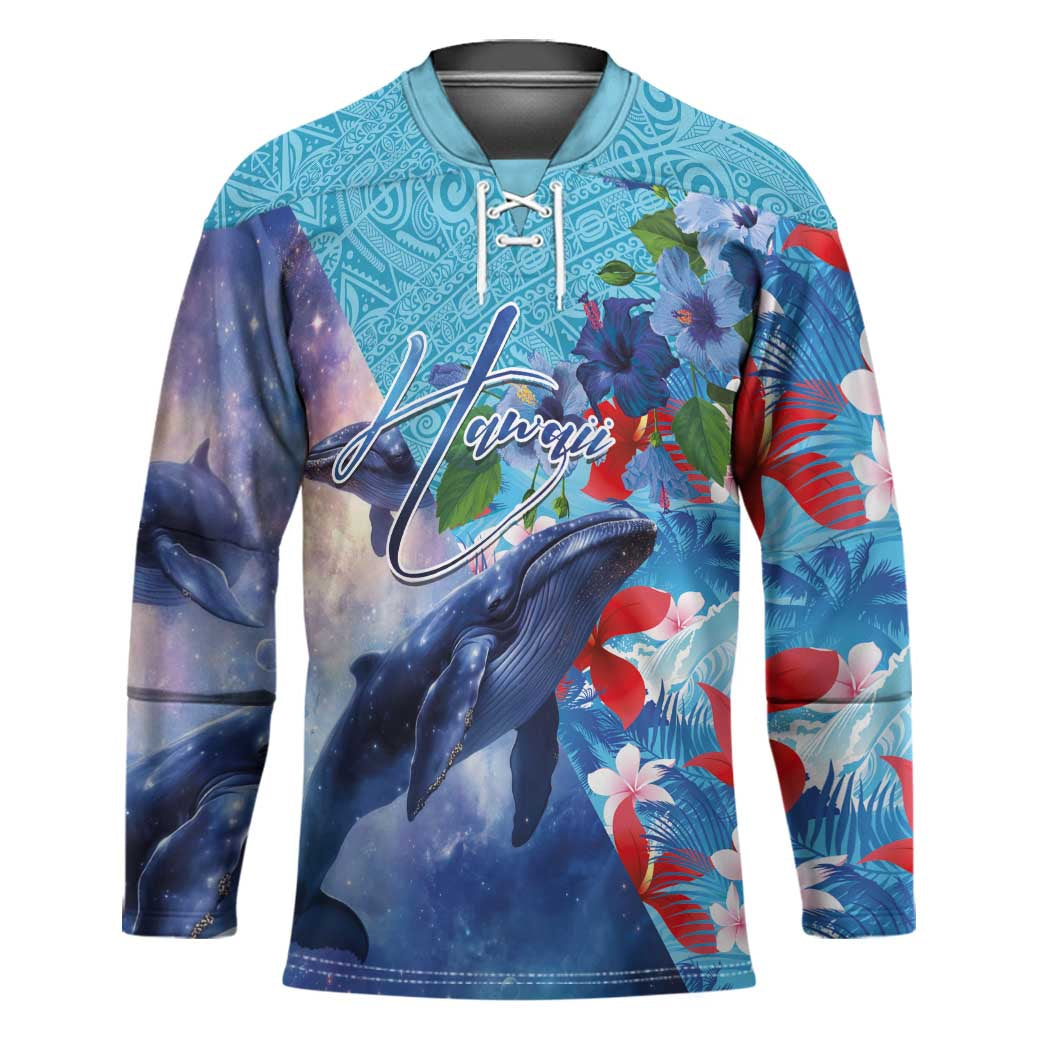 Hawaii Aloha Whales Hockey Jersey Hibiscus and Whales with Polynesian Pattern - Polynesian Pride