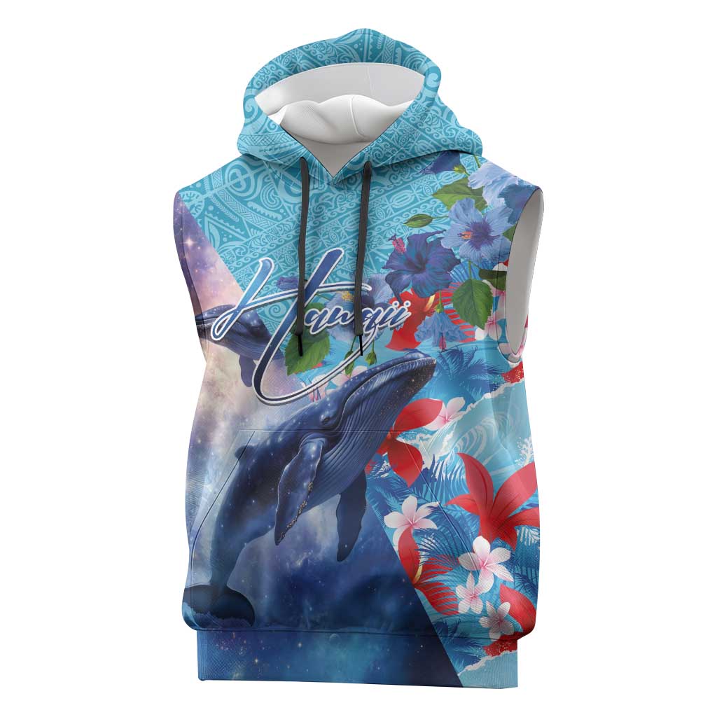 Hawaii Aloha Whales Sleeveless Hoodie Hibiscus and Whales with Polynesian Pattern LT03 Blue - Polynesian Pride