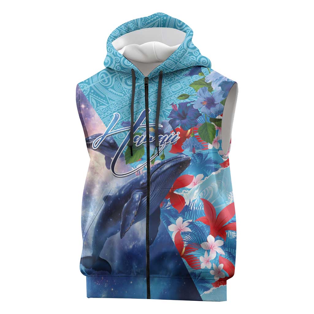 Hawaii Aloha Whales Sleeveless Zip Hoodie Hibiscus and Whales with Polynesian Pattern - Polynesian Pride