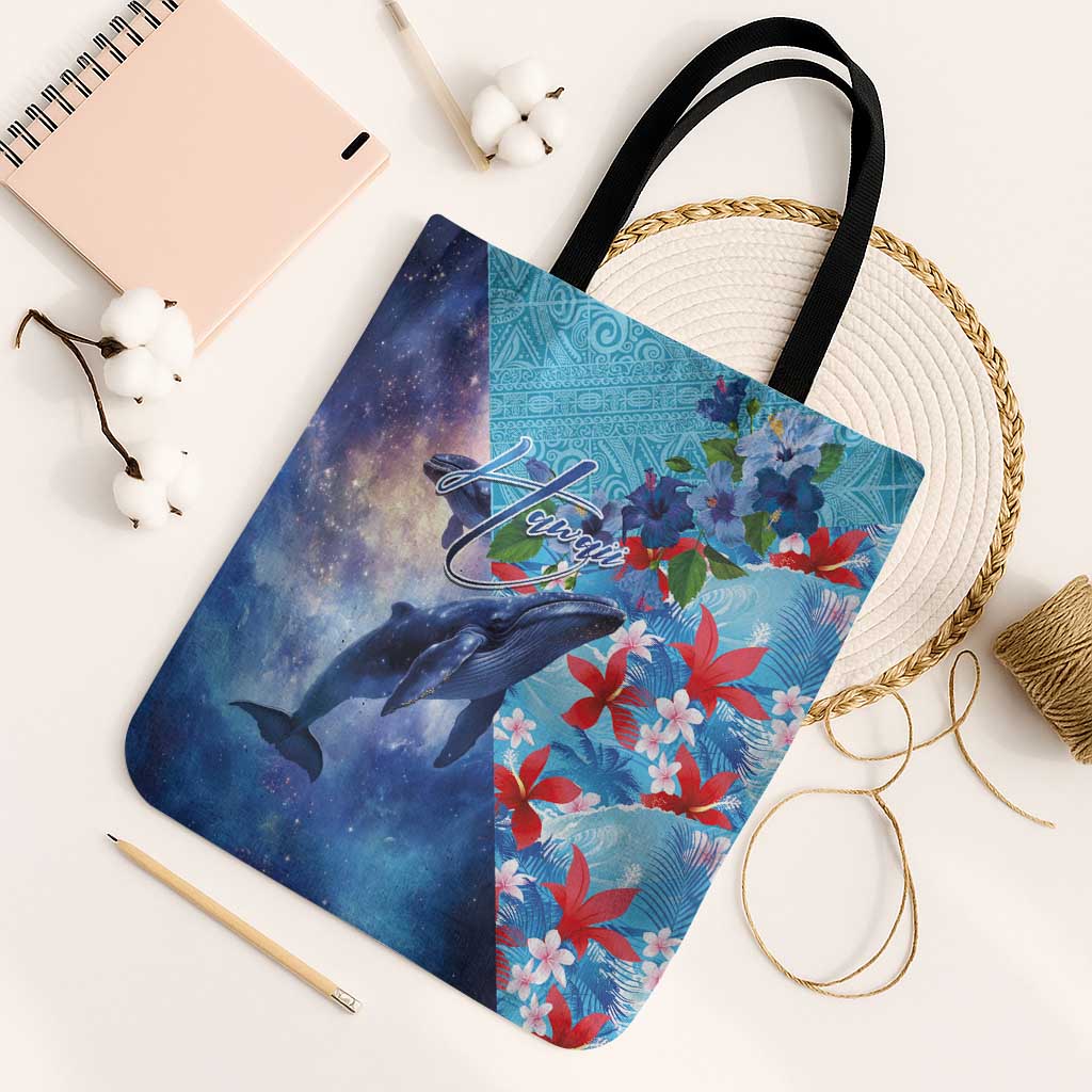 Hawaii Aloha Whales Tote Bag Hibiscus and Whales with Polynesian Pattern LT03 Black Strap One Size Blue - Polynesian Pride