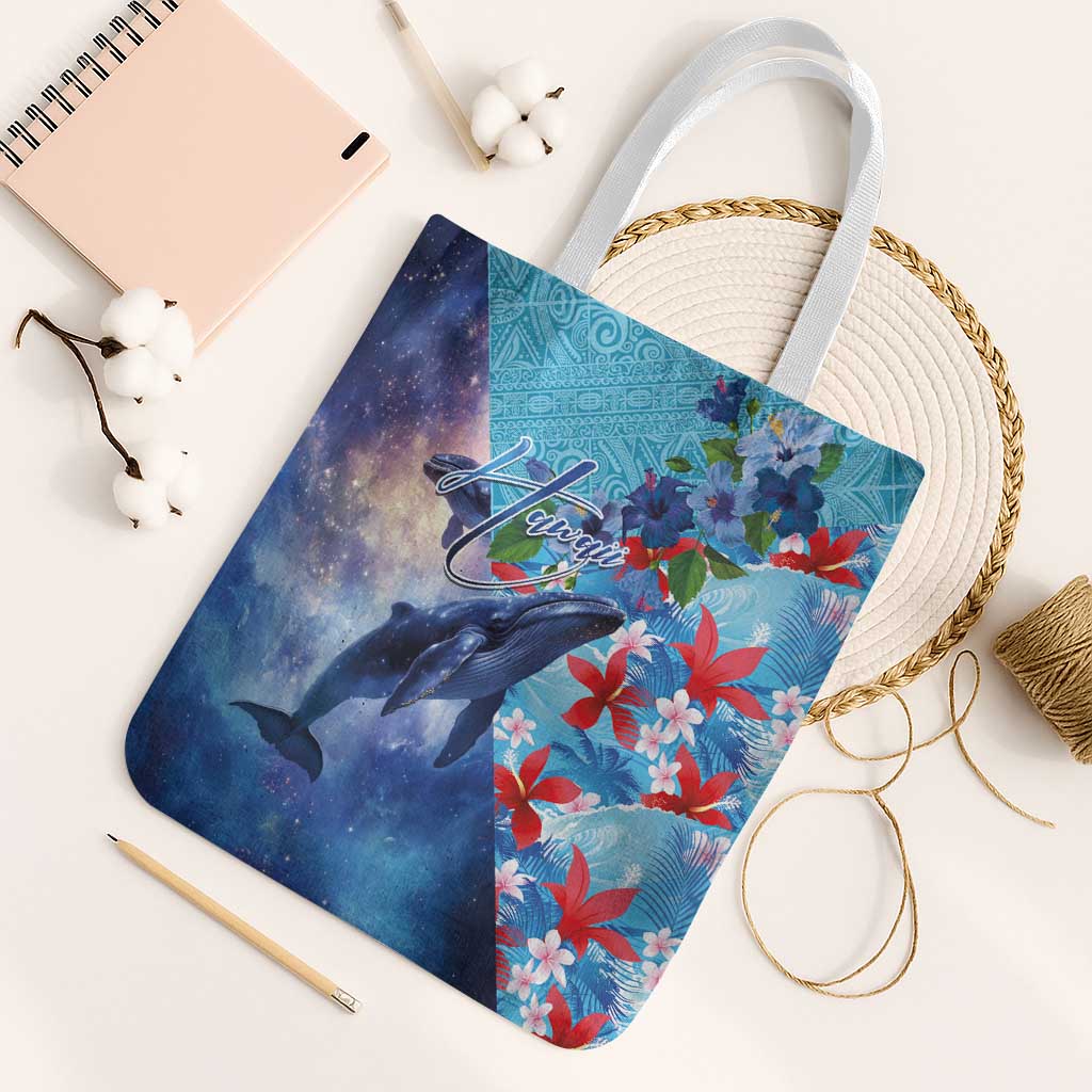 Hawaii Aloha Whales Tote Bag Hibiscus and Whales with Polynesian Pattern LT03 White Strap One Size Blue - Polynesian Pride