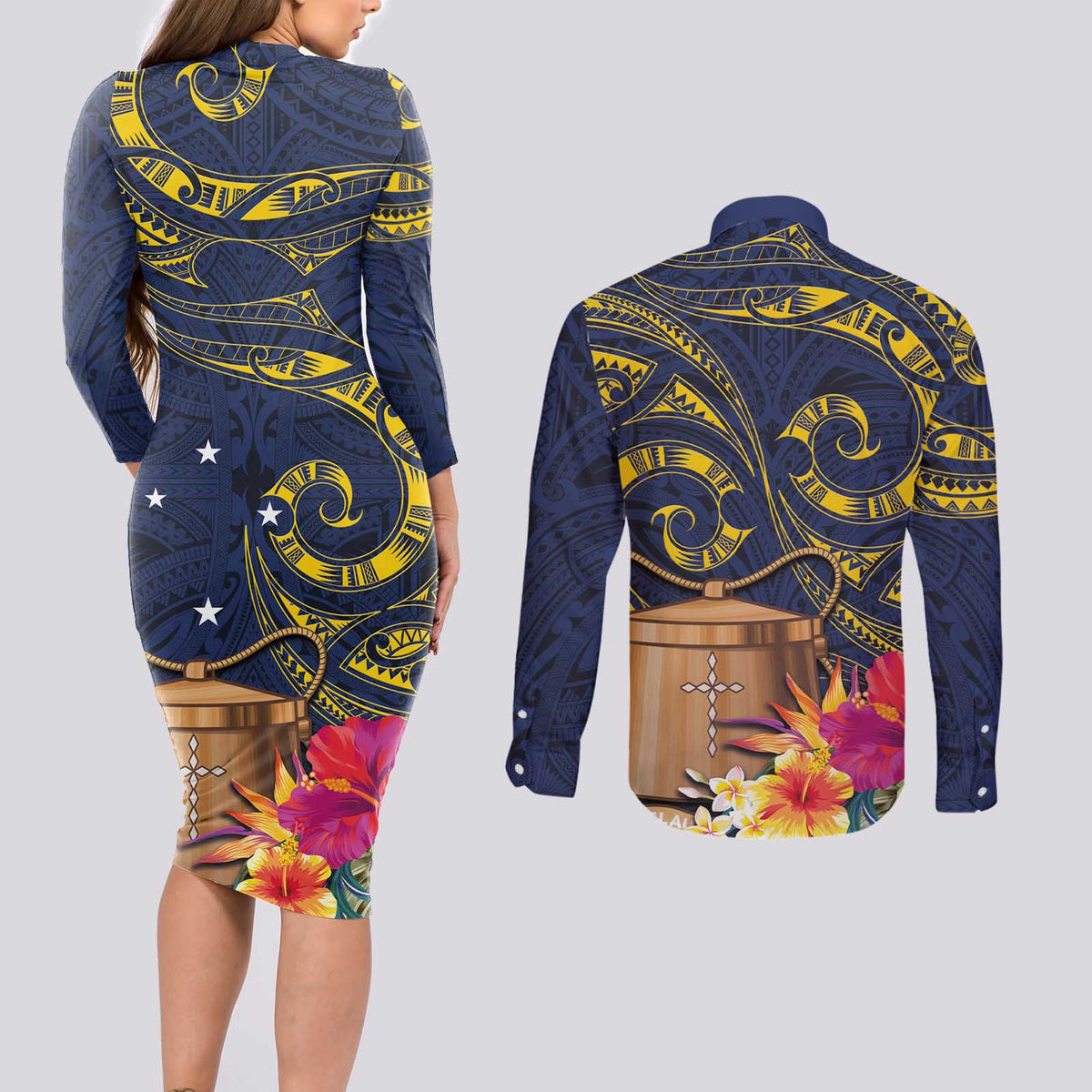 Tokelau Tokehega Day Couples Matching Long Sleeve Bodycon Dress and Long Sleeve Button Shirt Coat of Arms with Polynesian Tattoo and Hibiscus
