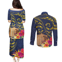 Tokelau Tokehega Day Couples Matching Puletasi and Long Sleeve Button Shirt Coat of Arms with Polynesian Tattoo and Hibiscus
