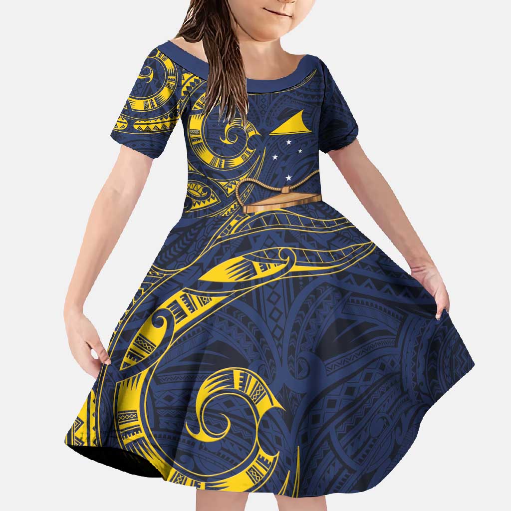 Tokelau Tokehega Day Family Matching Mermaid Dress and Hawaiian Shirt Coat of Arms with Polynesian Tattoo and Hibiscus LT03 Daughter's Dress Blue - Polynesian Pride