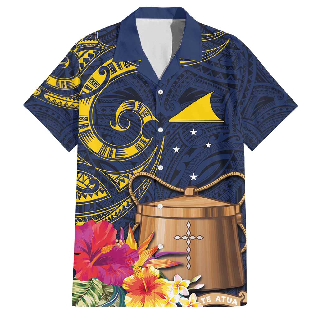 Tokelau Tokehega Day Family Matching Off Shoulder Maxi Dress and Hawaiian Shirt Coat of Arms with Polynesian Tattoo and Hibiscus LT03 Dad's Shirt - Short Sleeve Blue - Polynesian Pride
