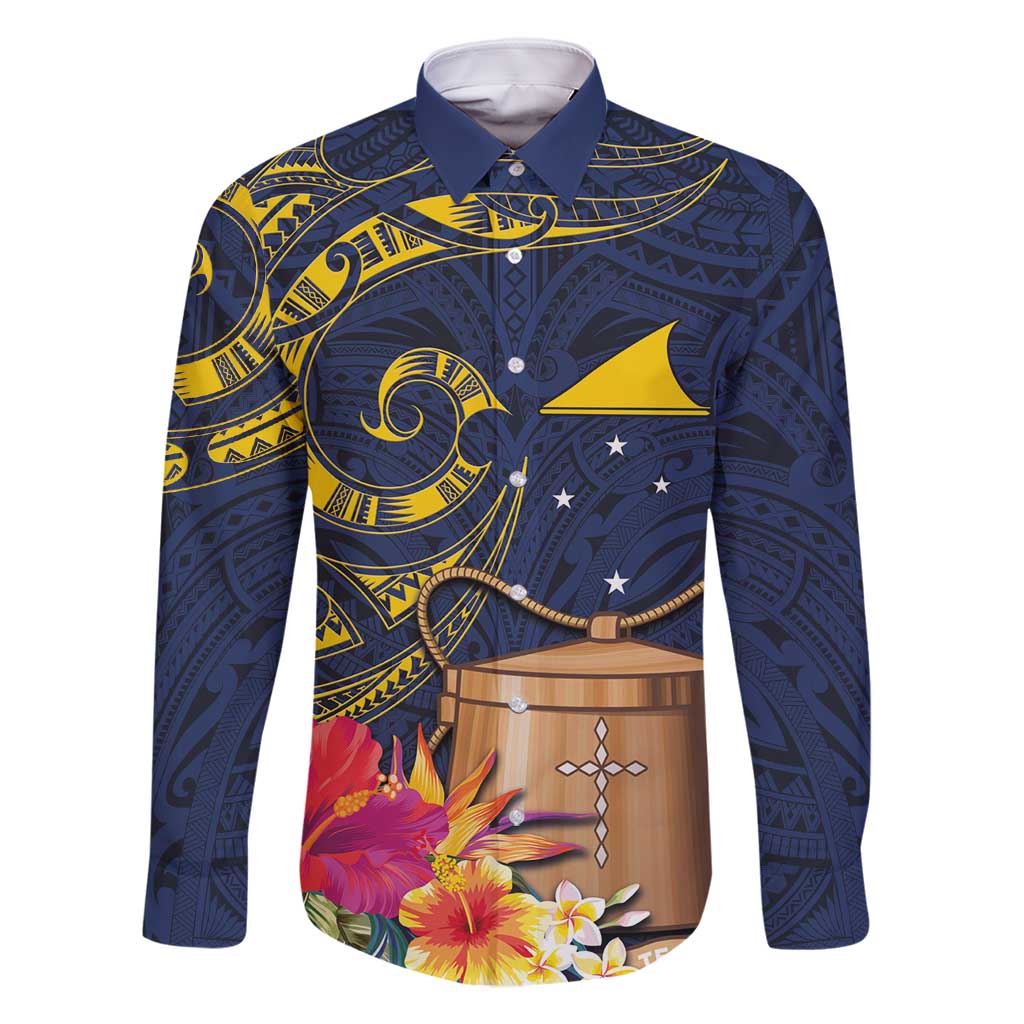 Tokelau Tokehega Day Family Matching Off Shoulder Maxi Dress and Hawaiian Shirt Coat of Arms with Polynesian Tattoo and Hibiscus LT03 Dad's Shirt - Long Sleeve Blue - Polynesian Pride