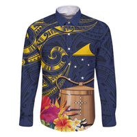 Tokelau Tokehega Day Family Matching Off Shoulder Maxi Dress and Hawaiian Shirt Coat of Arms with Polynesian Tattoo and Hibiscus LT03 Dad's Shirt - Long Sleeve Blue - Polynesian Pride