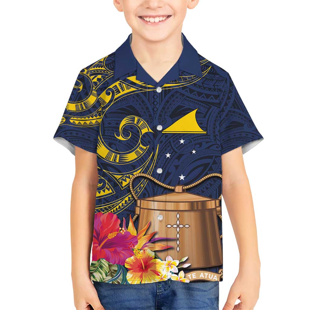 Tokelau Tokehega Day Family Matching Off Shoulder Maxi Dress and Hawaiian Shirt Coat of Arms with Polynesian Tattoo and Hibiscus LT03 Son's Shirt Blue - Polynesian Pride