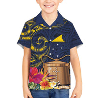 Tokelau Tokehega Day Family Matching Off Shoulder Maxi Dress and Hawaiian Shirt Coat of Arms with Polynesian Tattoo and Hibiscus LT03 Son's Shirt Blue - Polynesian Pride