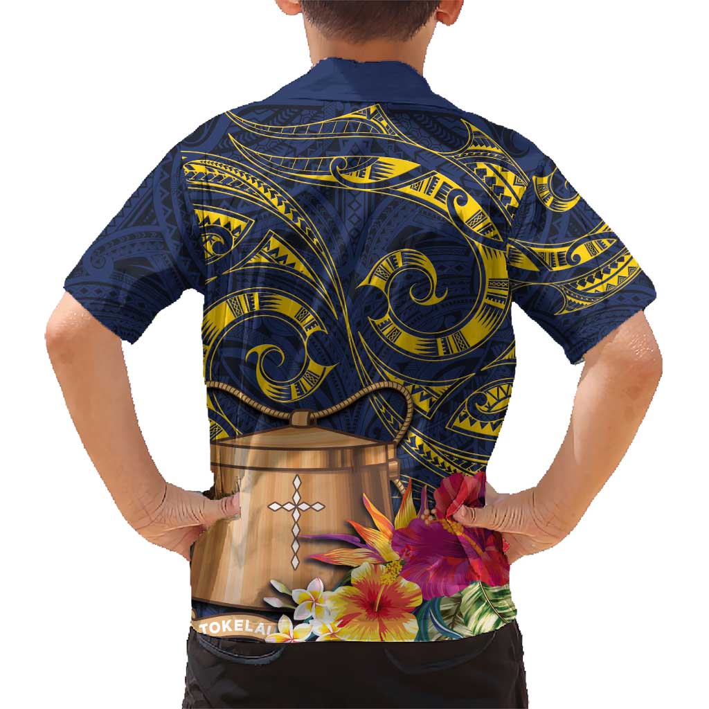 Tokelau Tokehega Day Kid Hawaiian Shirt Coat of Arms with Polynesian Tattoo and Hibiscus