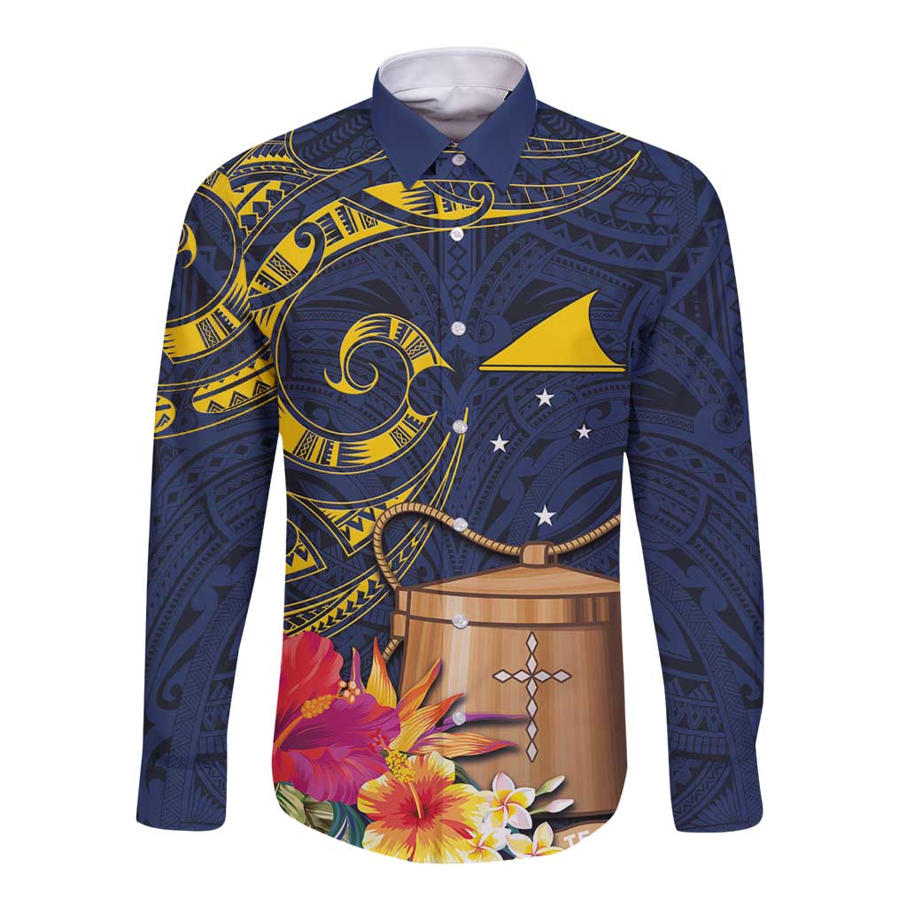 Tokelau Tokehega Day Long Sleeve Button Shirt Coat of Arms with Polynesian Tattoo and Hibiscus LT03 Unisex Blue - Polynesian Pride