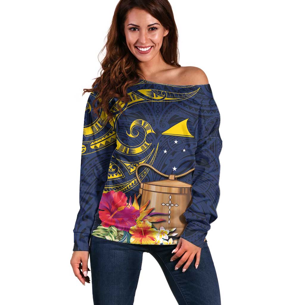 Tokelau Tokehega Day Off Shoulder Sweater Coat of Arms with Polynesian Tattoo and Hibiscus LT03 Women Blue - Polynesian Pride