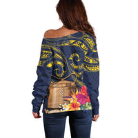 Tokelau Tokehega Day Off Shoulder Sweater Coat of Arms with Polynesian Tattoo and Hibiscus LT03 - Polynesian Pride