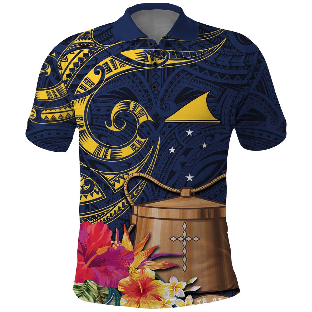 Tokelau Tokehega Day Polo Shirt Coat of Arms with Polynesian Tattoo and Hibiscus LT03 Blue - Polynesian Pride